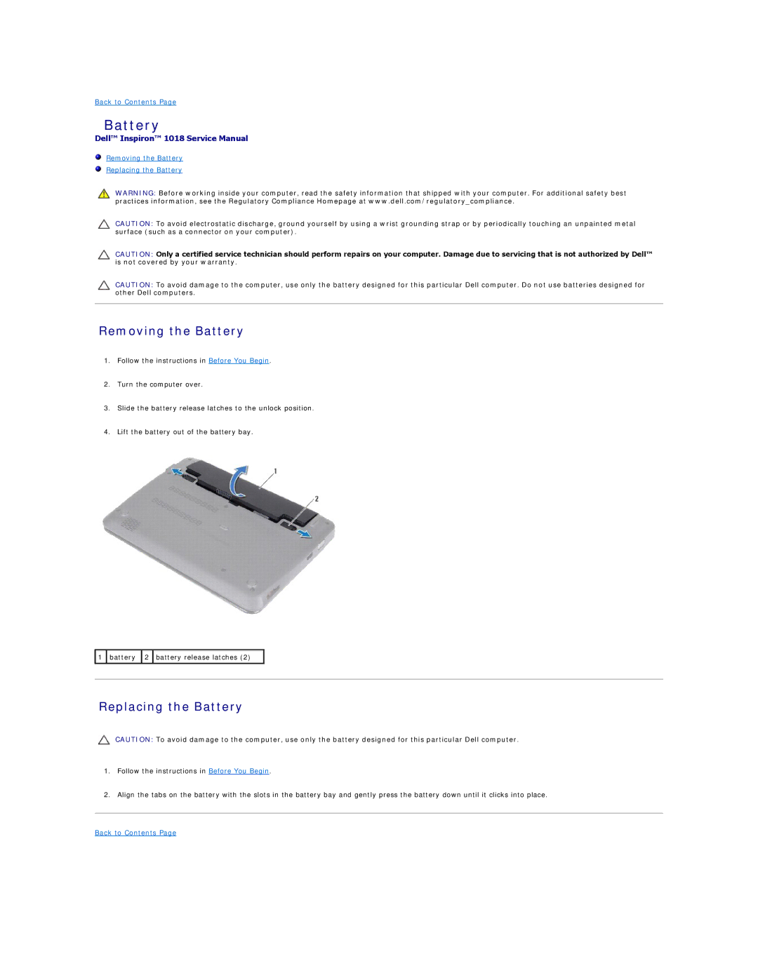 Dell 1018 manual Removing the Battery, Replacing the Battery 