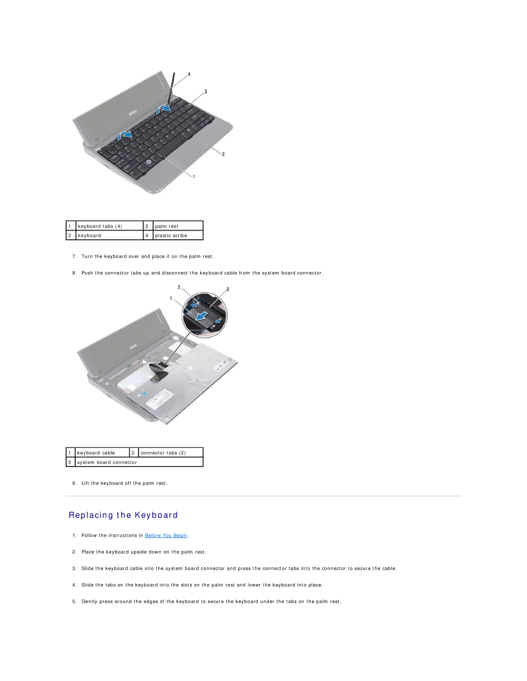 Dell 1018 manual Replacing the Keyboard 