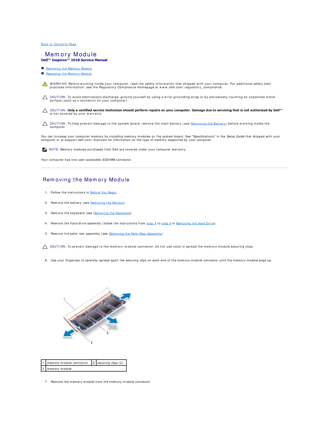 Dell 1018 manual Removing the Memory Module 