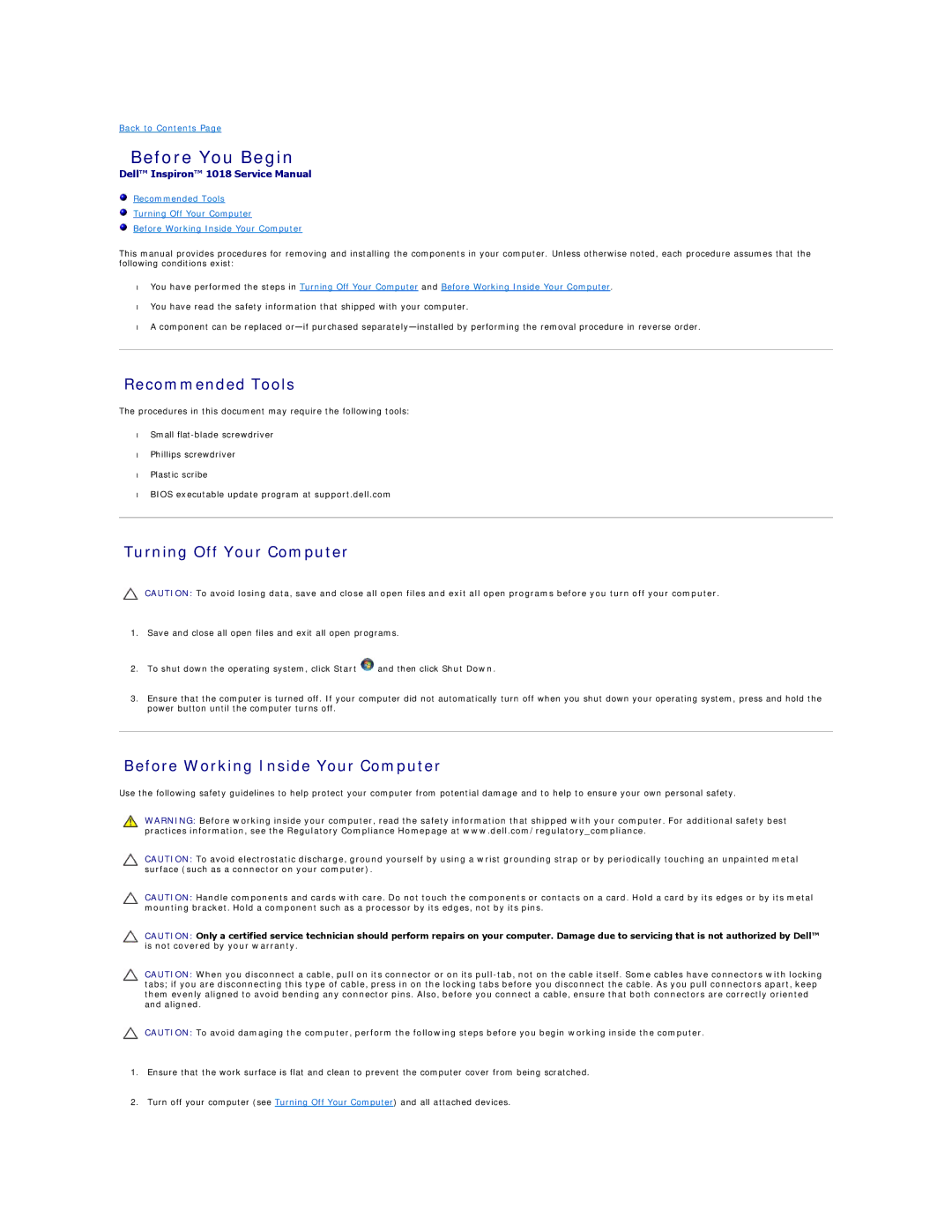 Dell 1018 manual Before You Begin, Recommended Tools, Turning Off Your Computer, Before Working Inside Your Computer 
