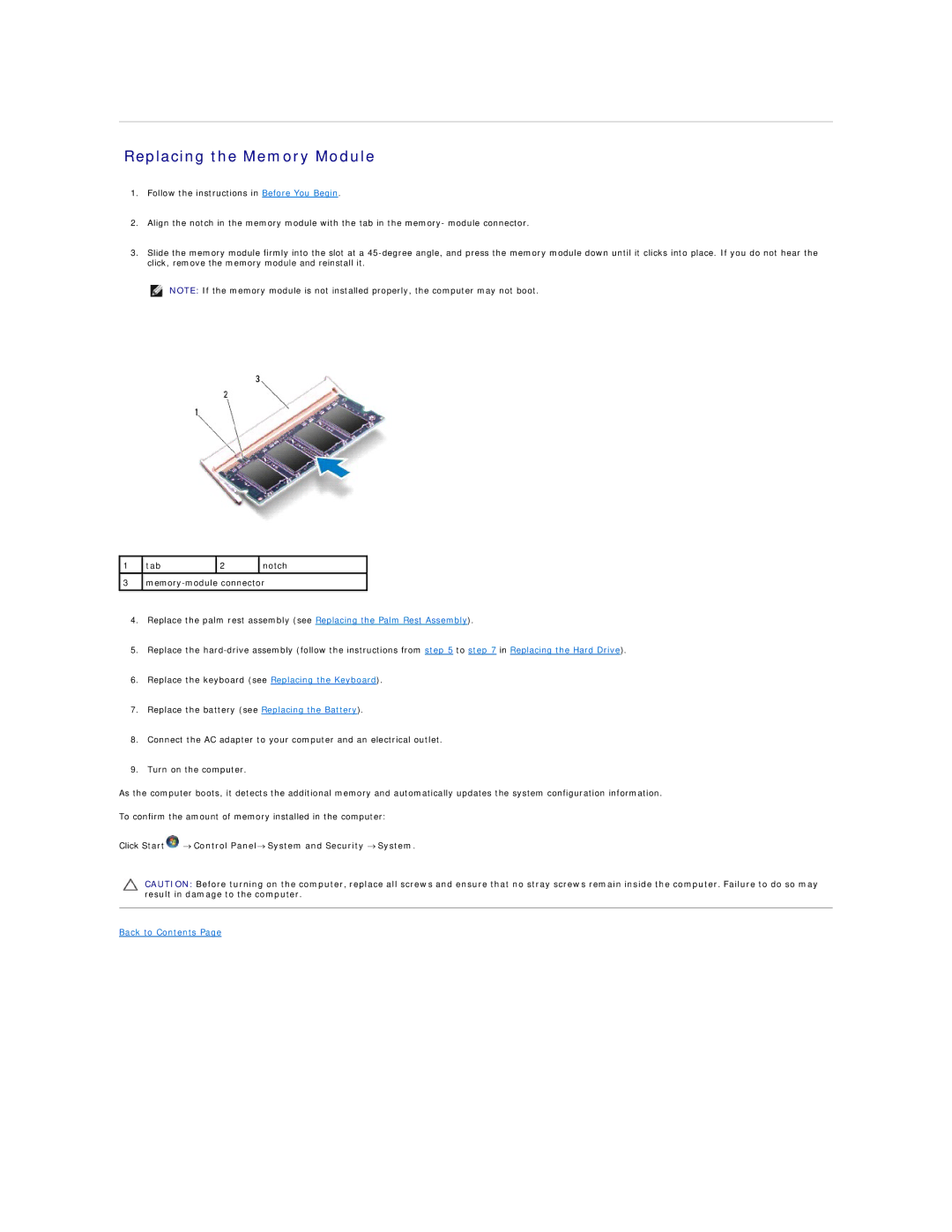 Dell 1018 manual Replacing the Memory Module 