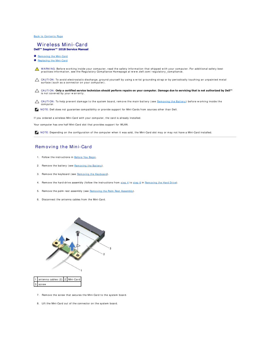 Dell 1018 manual Wireless Mini-Card, Removing the Mini-Card 