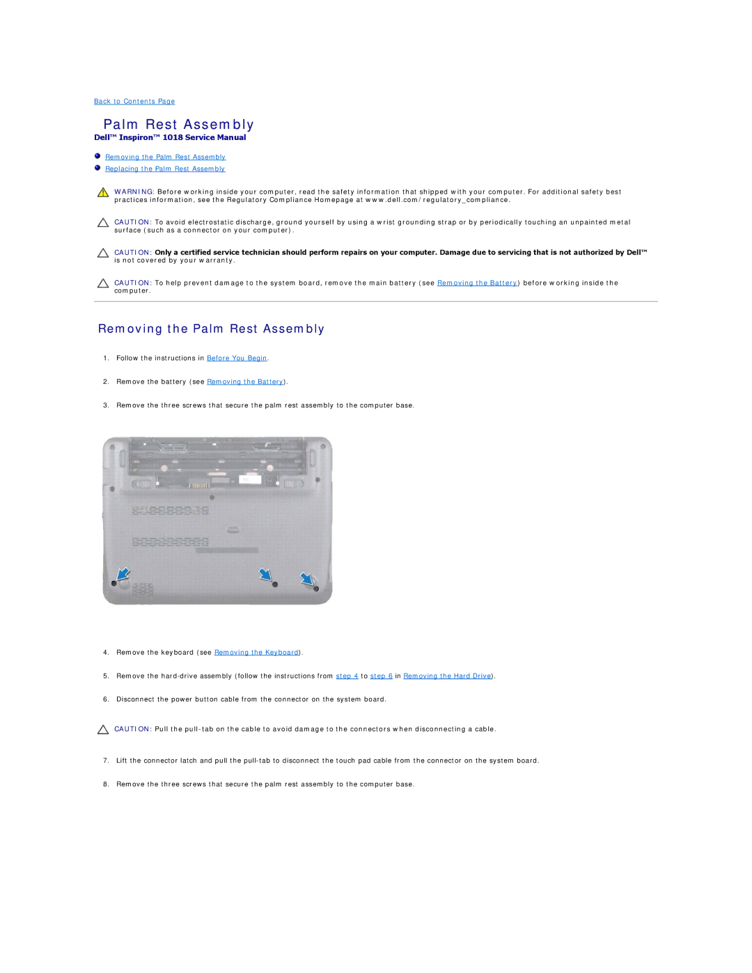 Dell 1018 manual Removing the Palm Rest Assembly 