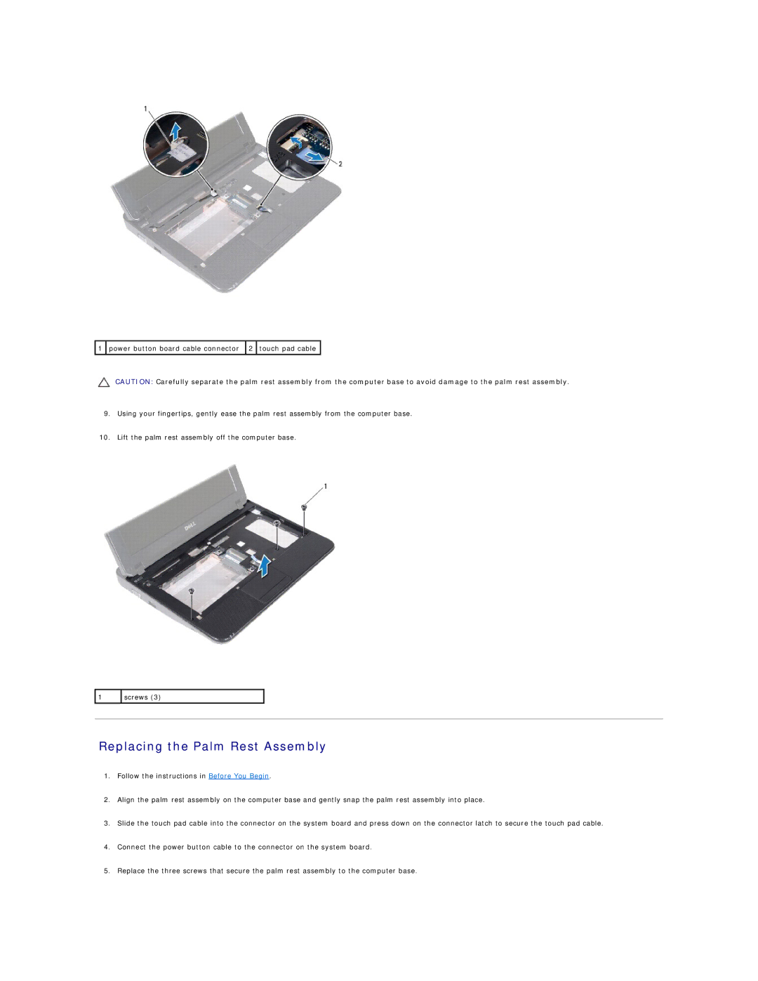 Dell 1018 manual Replacing the Palm Rest Assembly 