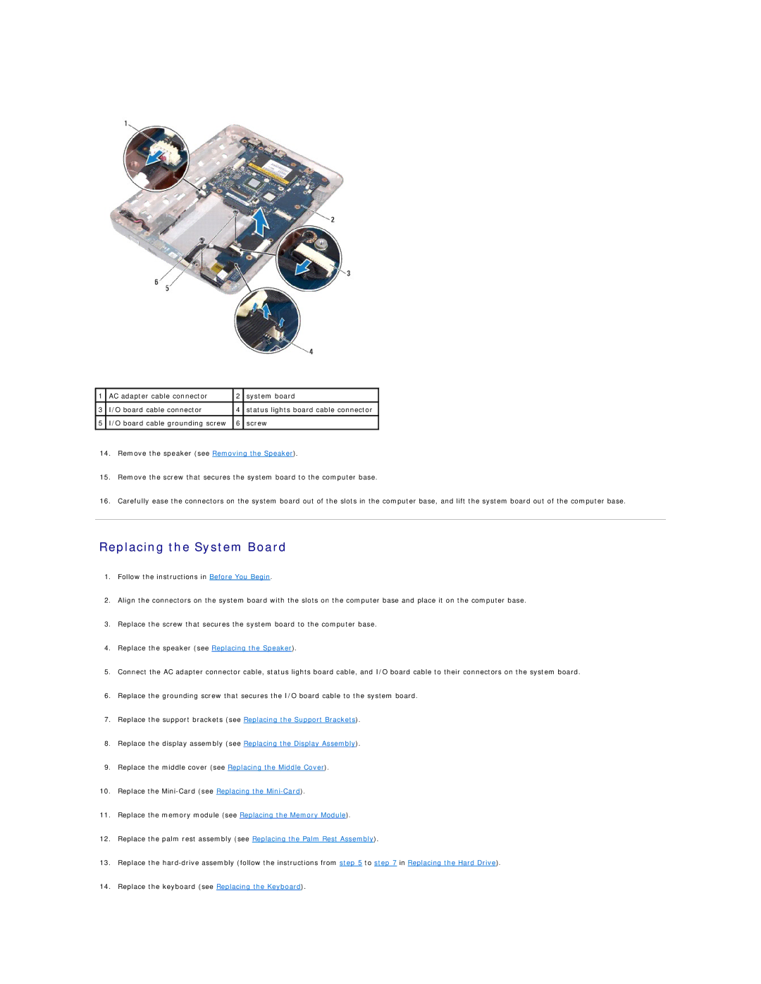 Dell 1018 manual Replacing the System Board 