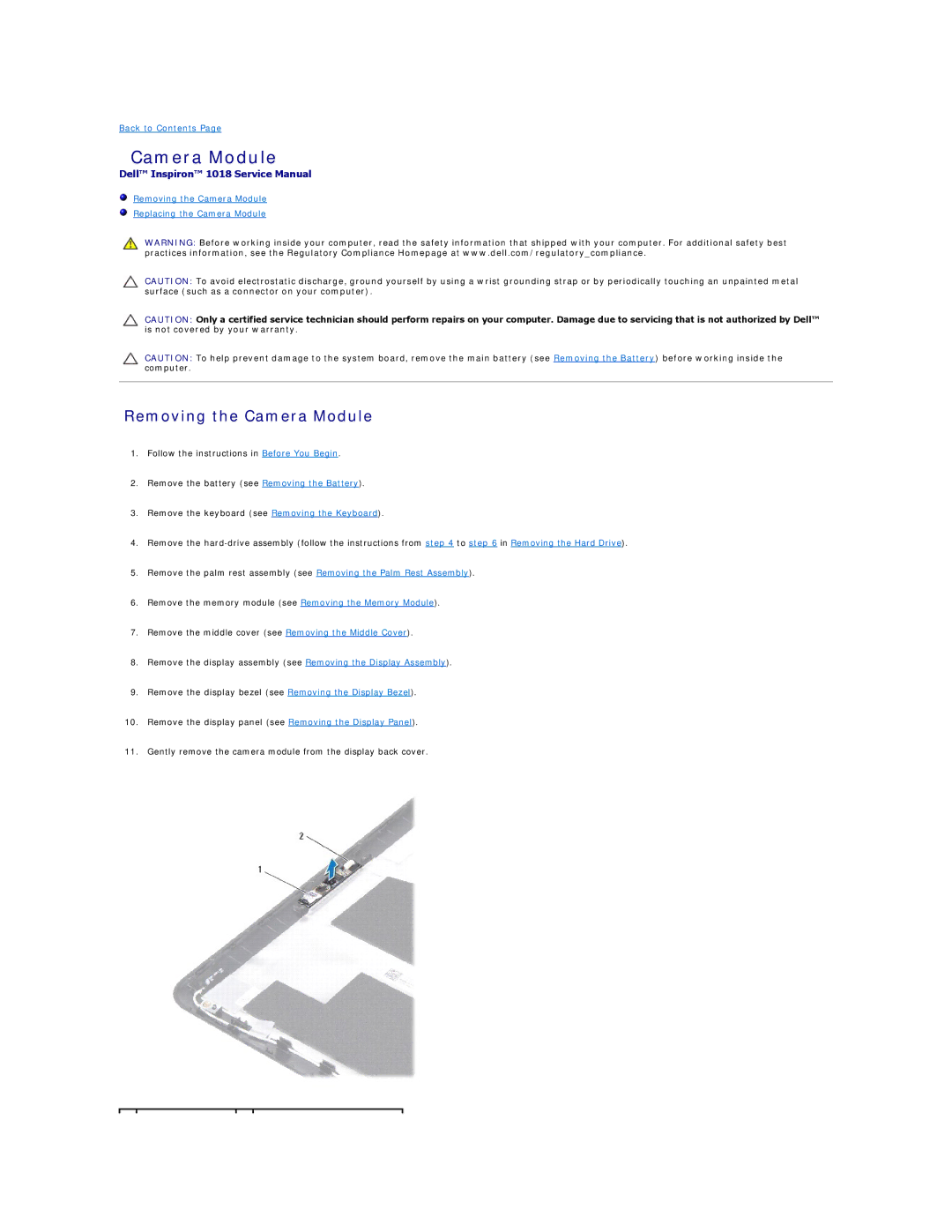Dell 1018 manual Removing the Camera Module 