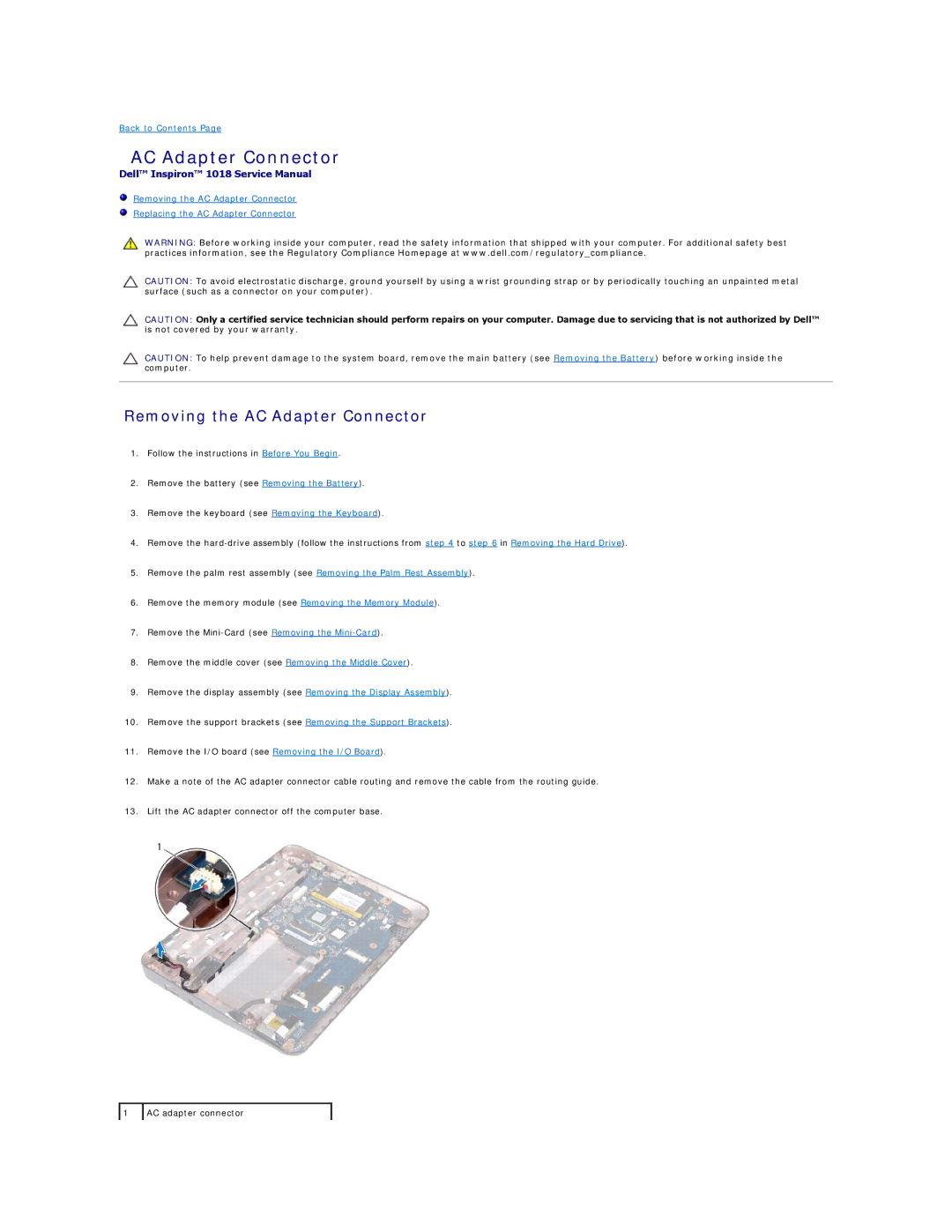 Dell 1018 manual Removing the AC Adapter Connector 