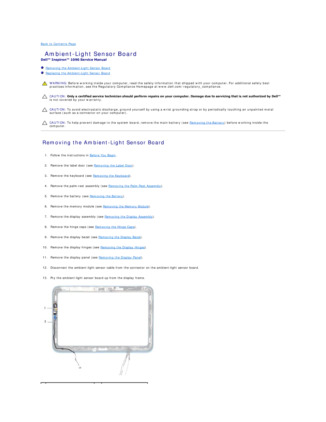 Dell 1090 manual Removing the Ambient-Light Sensor Board 