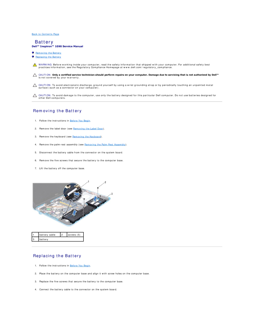 Dell 1090 manual Removing the Battery, Replacing the Battery 