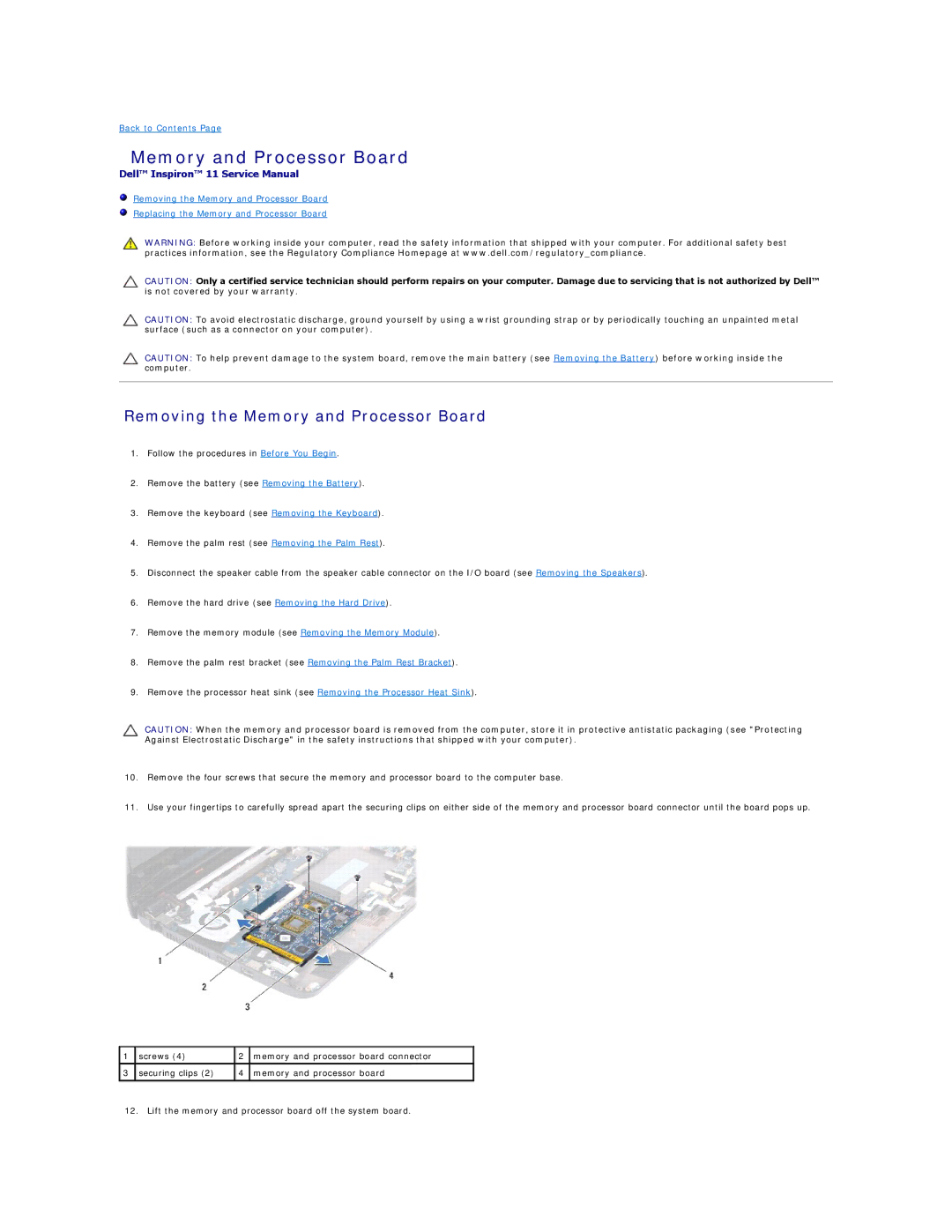 Dell 11 specifications Removing the Memory and Processor Board 