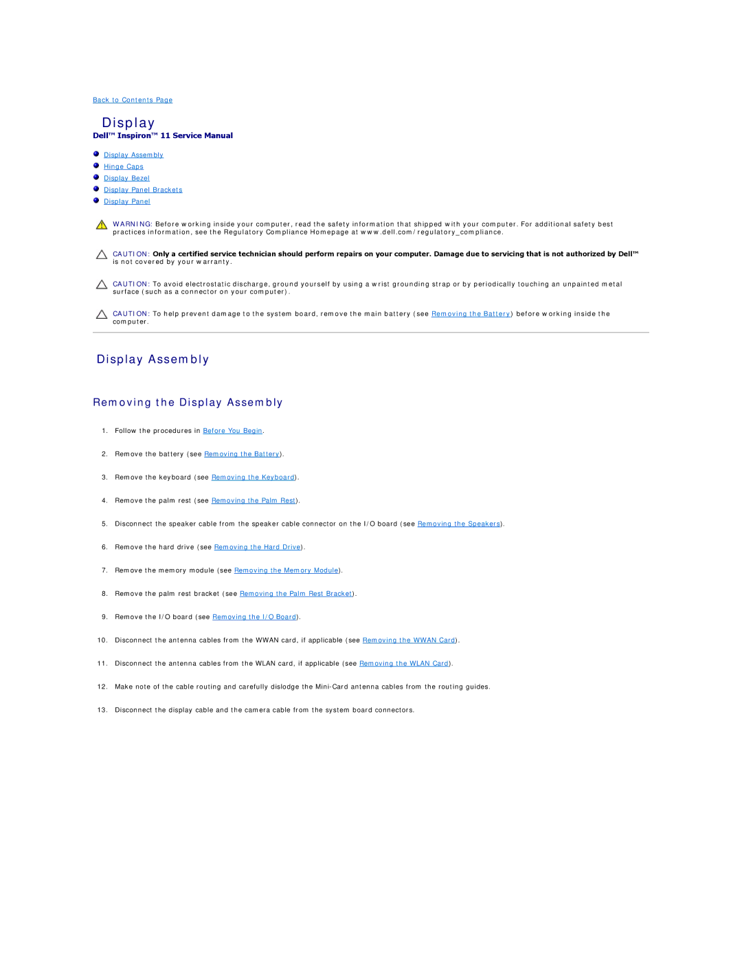 Dell 11 specifications Removing the Display Assembly 