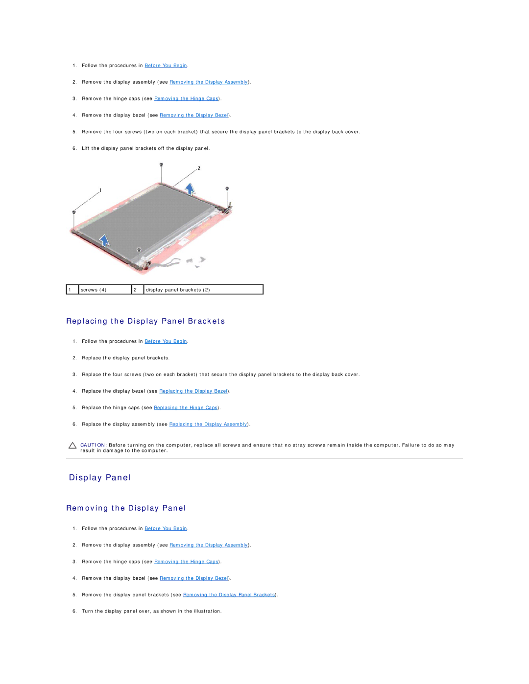 Dell 11 specifications Replacing the Display Panel Brackets, Removing the Display Panel 