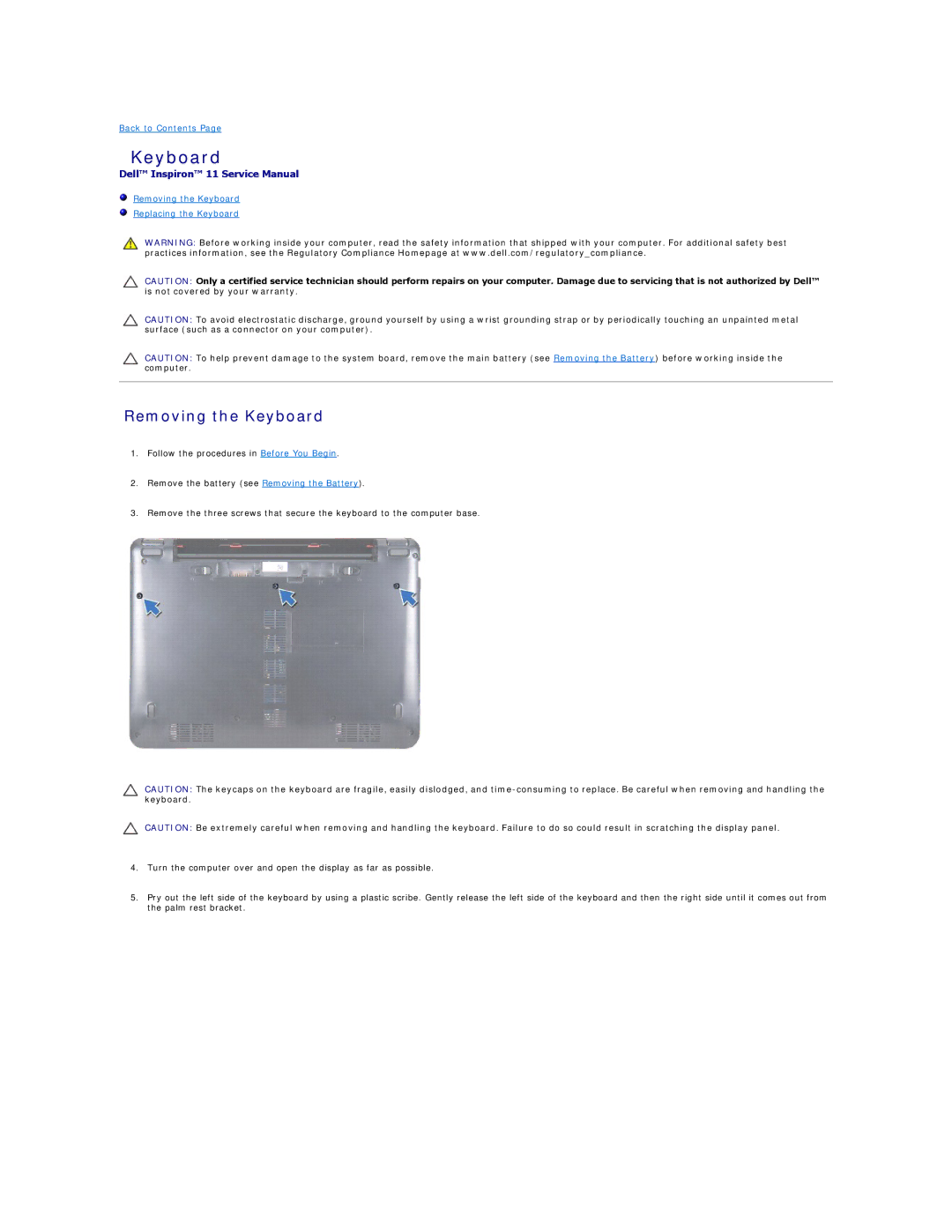 Dell 11 specifications Removing the Keyboard 