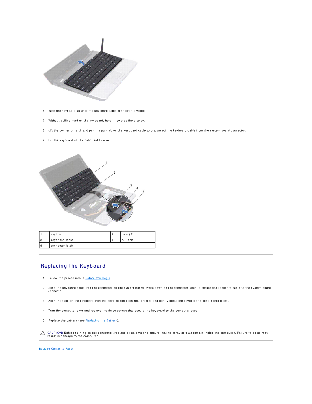 Dell 11 specifications Replacing the Keyboard 