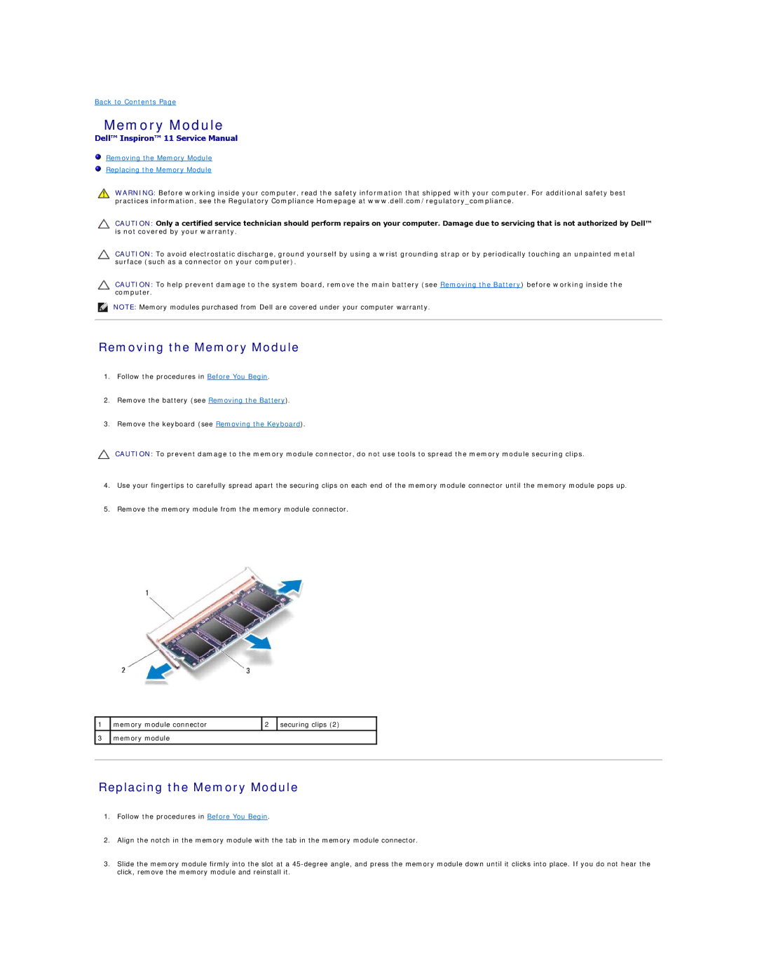 Dell 11 specifications Removing the Memory Module, Replacing the Memory Module 