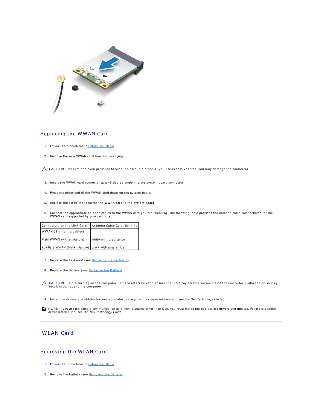 Dell 11 specifications Replacing the Wwan Card, Removing the Wlan Card 