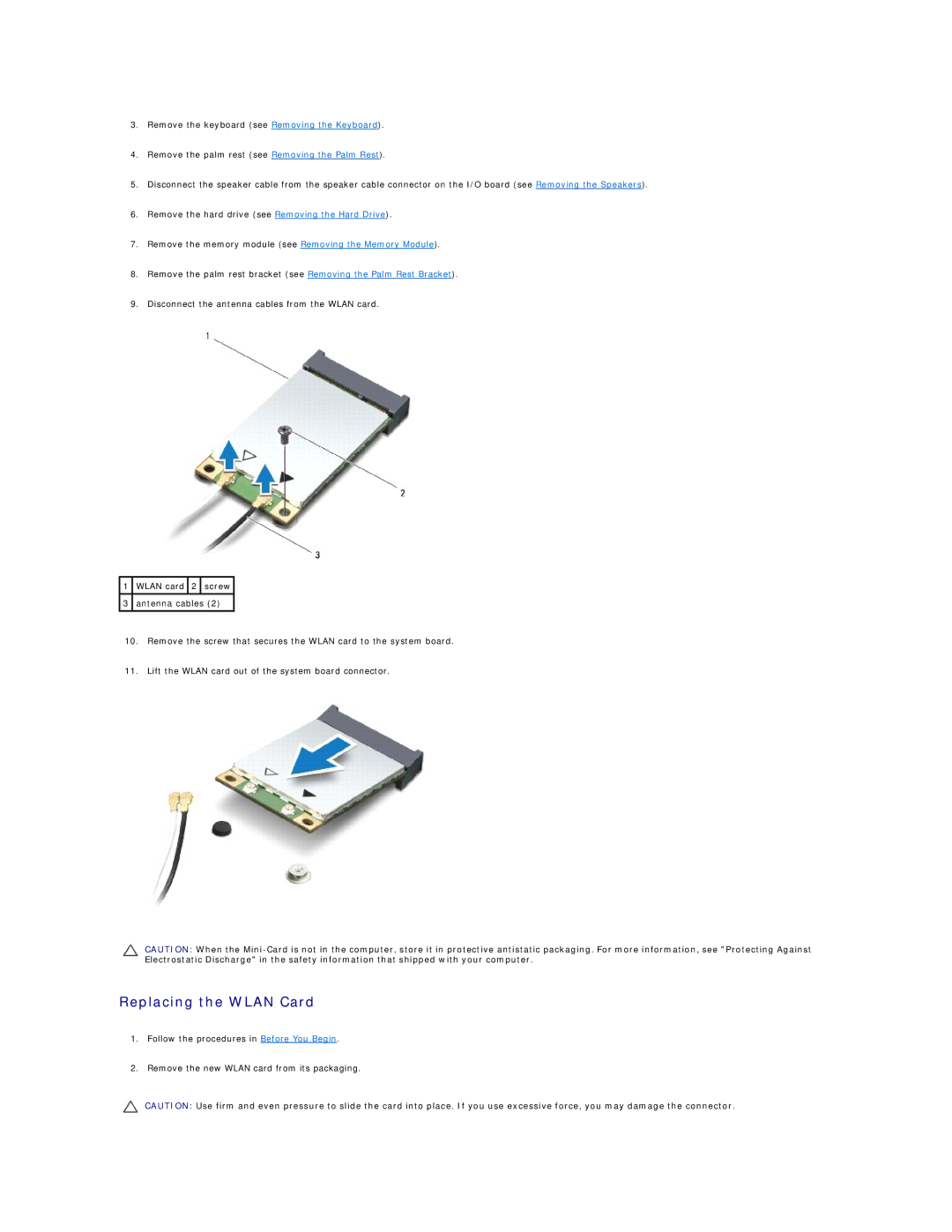 Dell 11 specifications Replacing the Wlan Card 