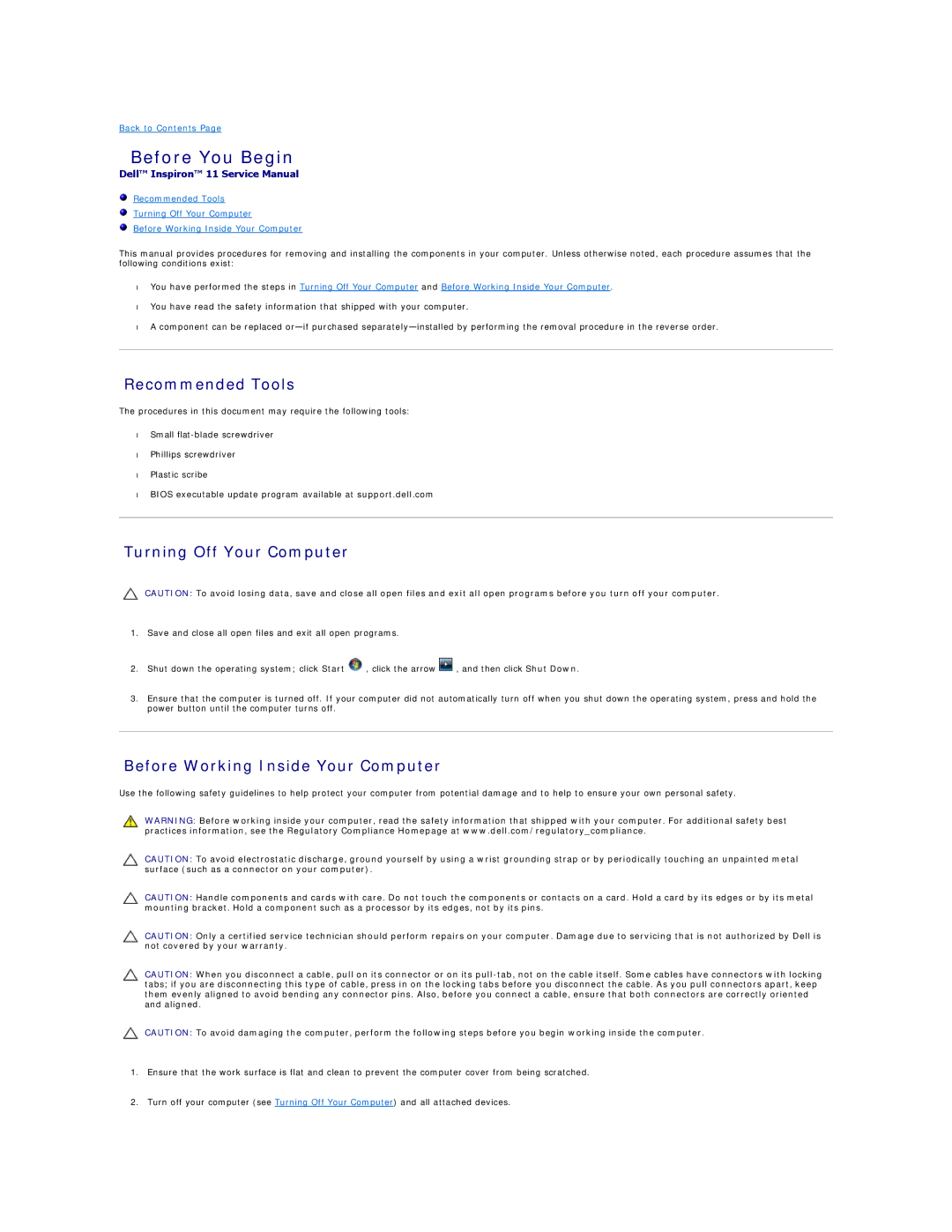 Dell 11 specifications Before You Begin, Recommended Tools, Turning Off Your Computer, Before Working Inside Your Computer 