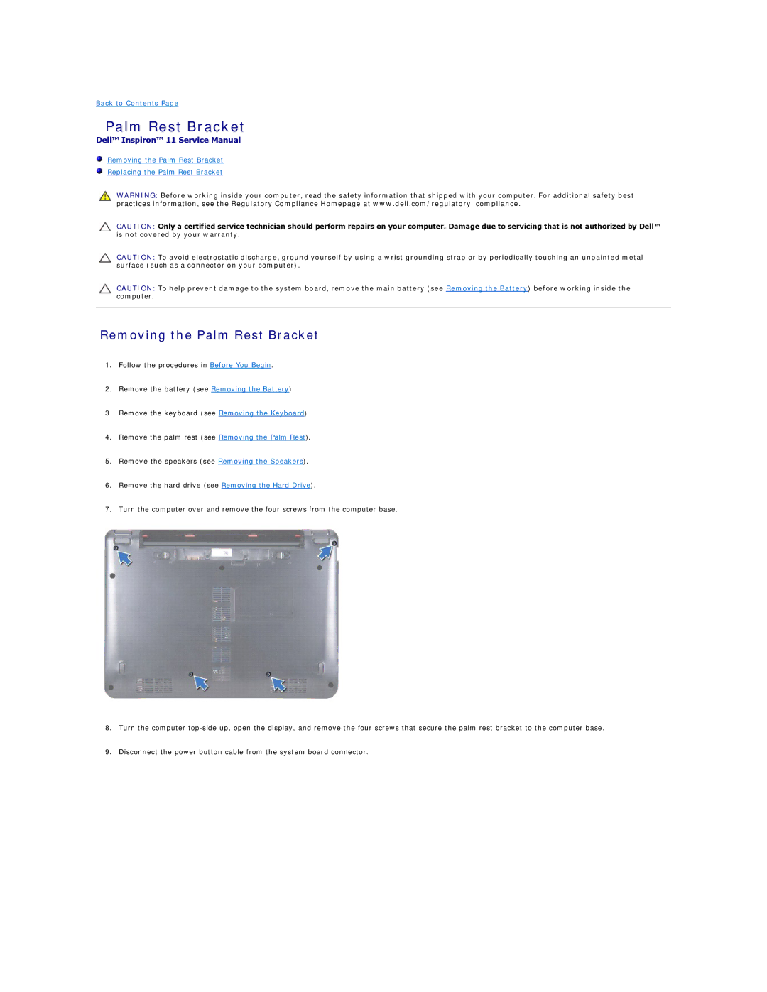 Dell 11 specifications Removing the Palm Rest Bracket 