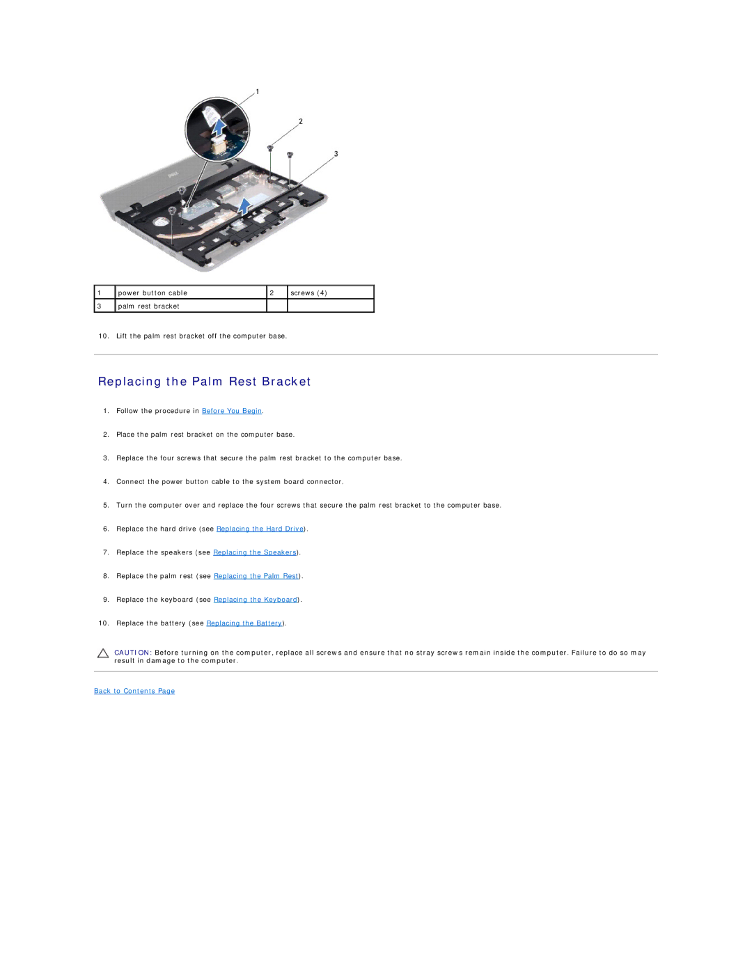 Dell 11 specifications Replacing the Palm Rest Bracket 