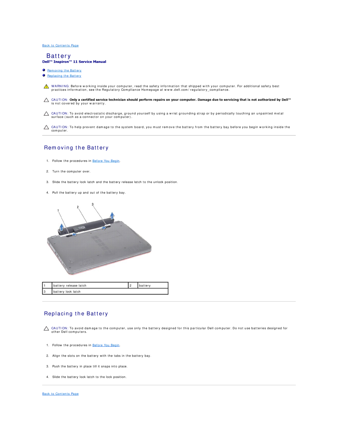 Dell 11 specifications Removing the Battery, Replacing the Battery 