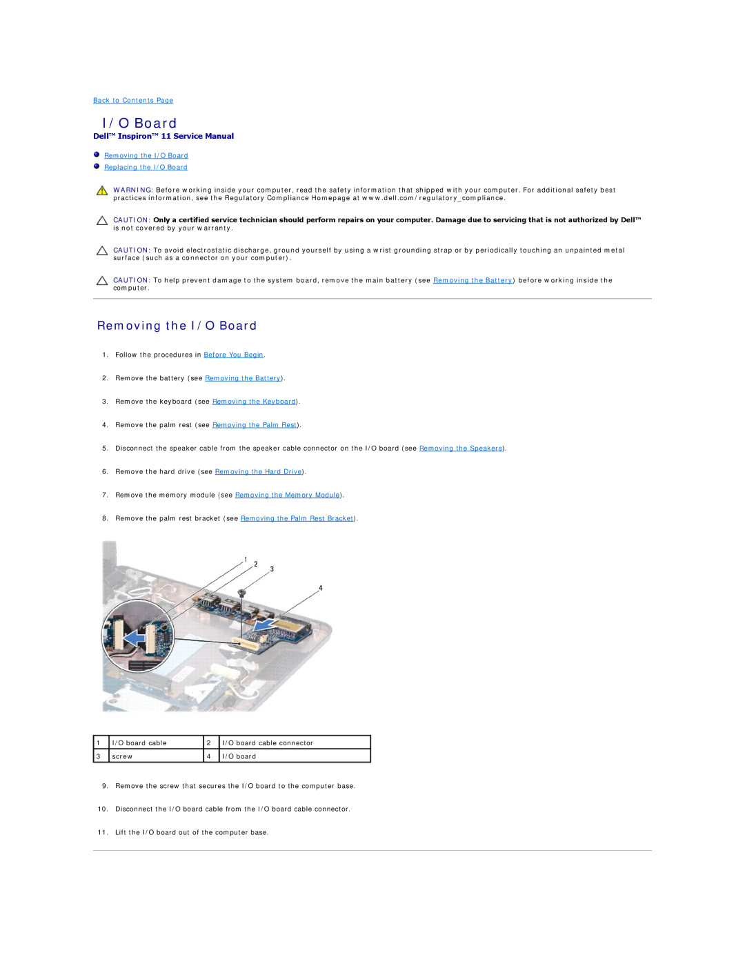 Dell 11 specifications Removing the I/O Board 