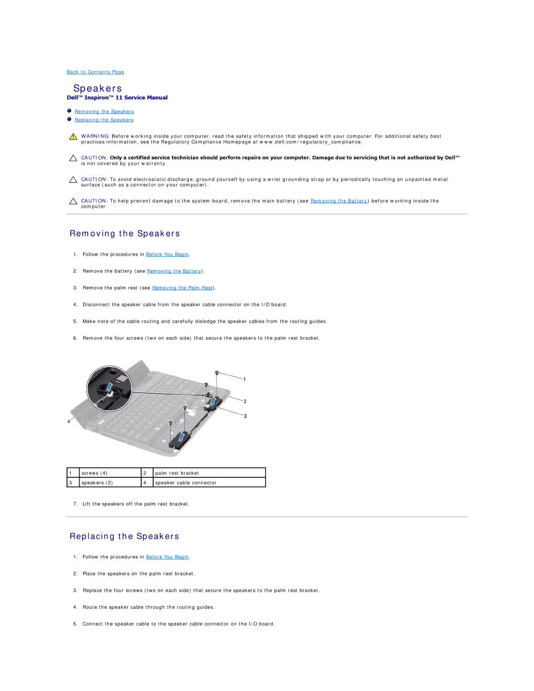 Dell 11 specifications Removing the Speakers, Replacing the Speakers 