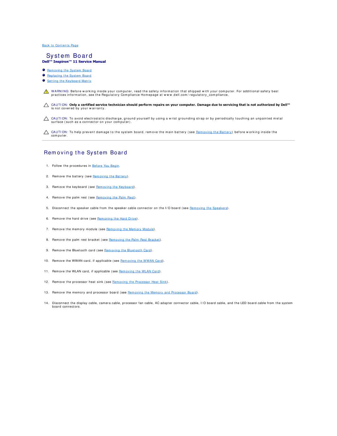 Dell 11 specifications Removing the System Board 