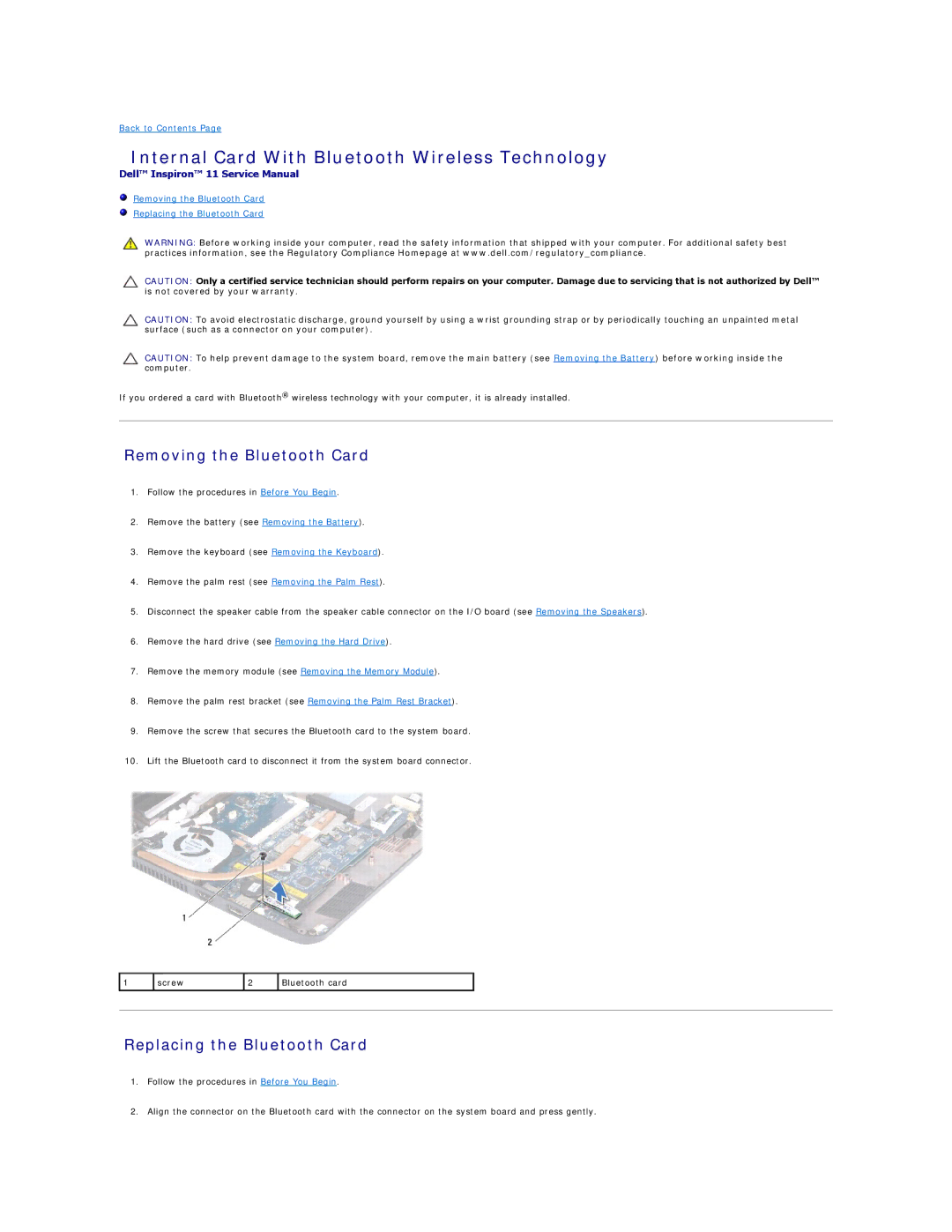 Dell 11 Internal Card With Bluetooth Wireless Technology, Removing the Bluetooth Card, Replacing the Bluetooth Card 
