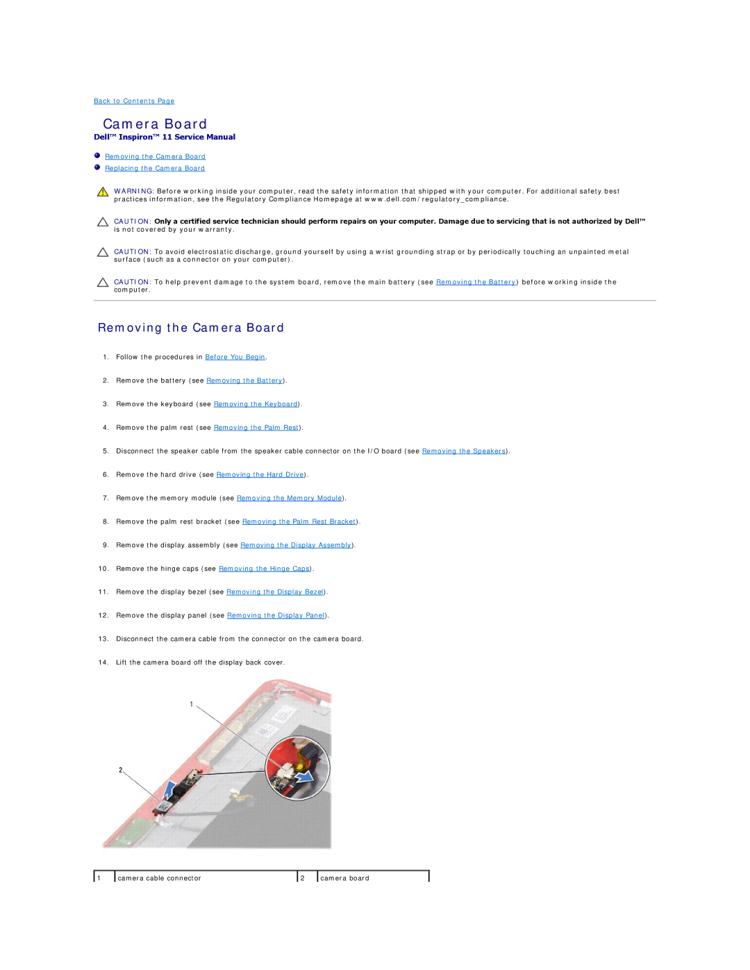 Dell 11 specifications Removing the Camera Board 