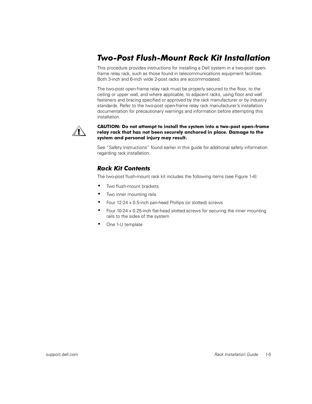 Dell 100, 110, 350 manual Two-Post Flush-Mount Rack Kit Installation 