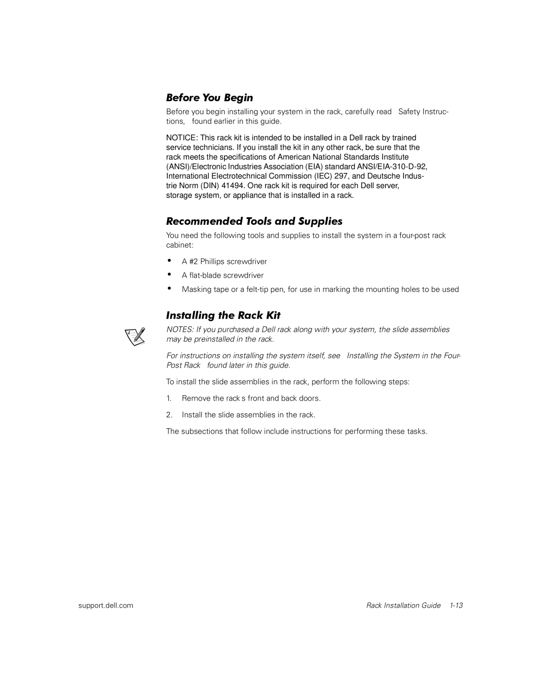 Dell 350, 110, 100 manual Before You Begin, Installing the Rack Kit 