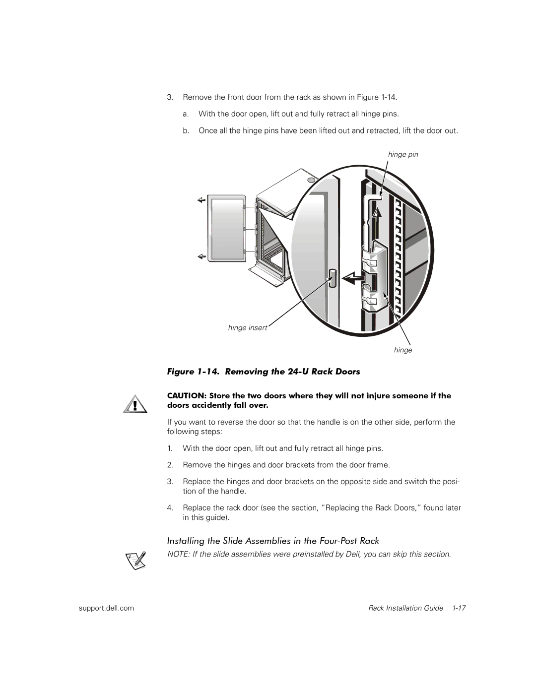 Dell 100, 110, 350 manual Installing the Slide Assemblies in the Four-Post Rack, Removing the 24-U Rack Doors 