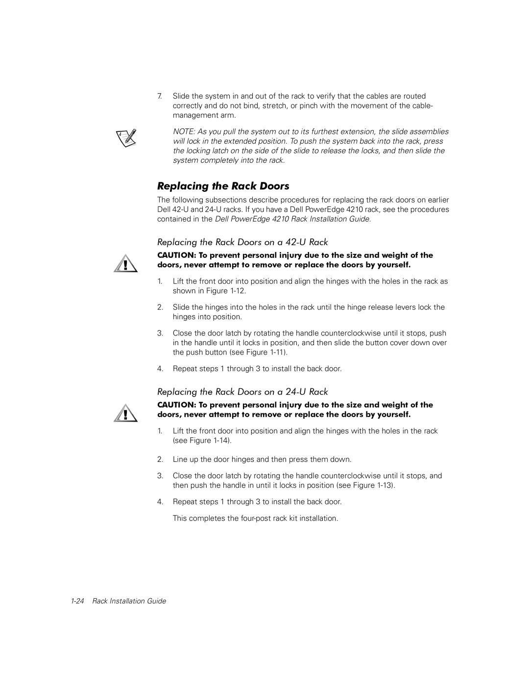 Dell 110, 350, 100 manual Replacing the Rack Doors on a 42-U Rack, Replacing the Rack Doors on a 24-U Rack 
