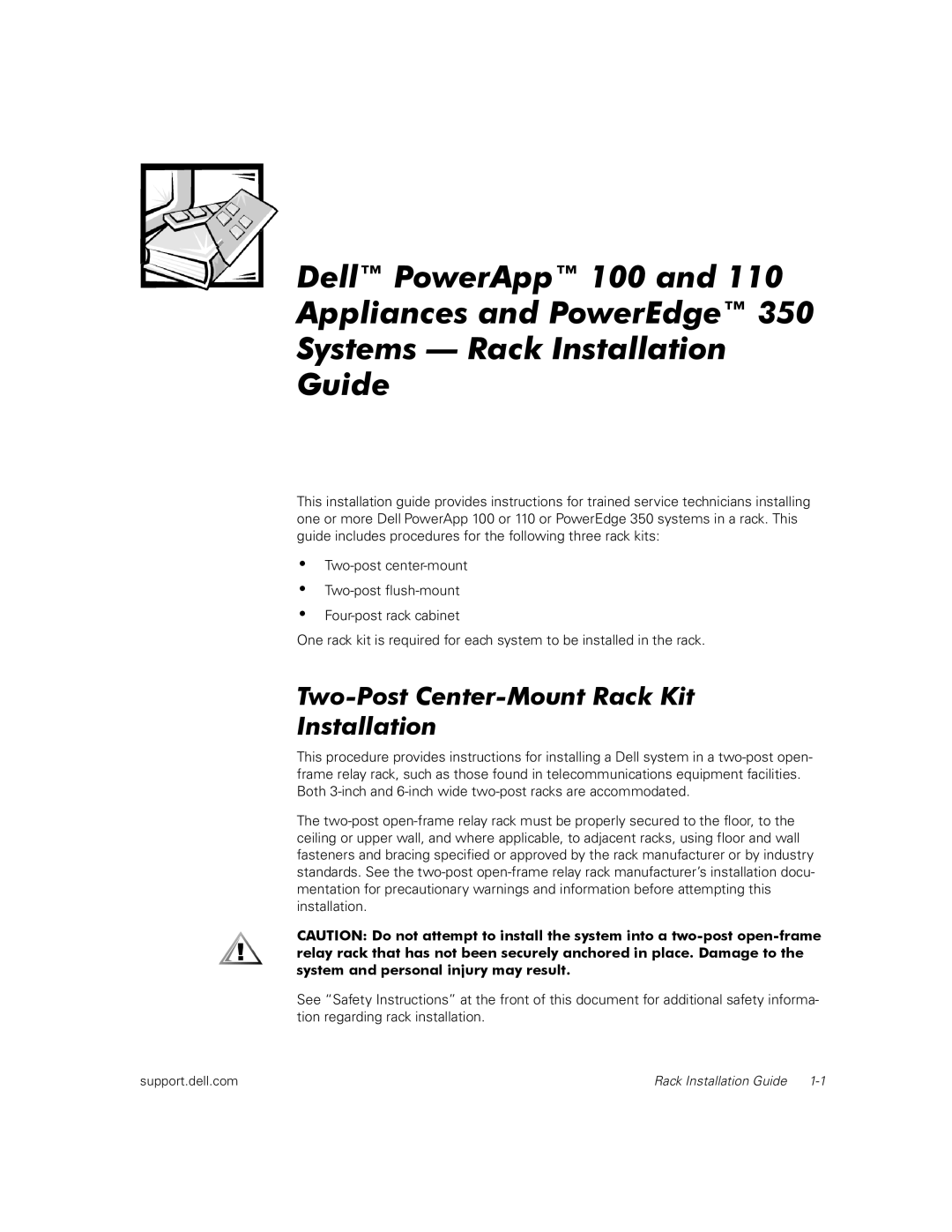 Dell 350, 110, 100 manual Two-Post Center-Mount Rack Kit Installation 