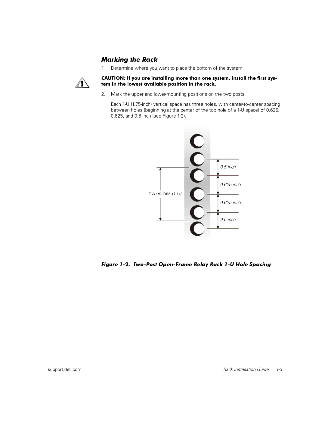 Dell 110, 350, 100 manual Marking the Rack, Two-Post Open-Frame Relay Rack 1-U Hole Spacing 