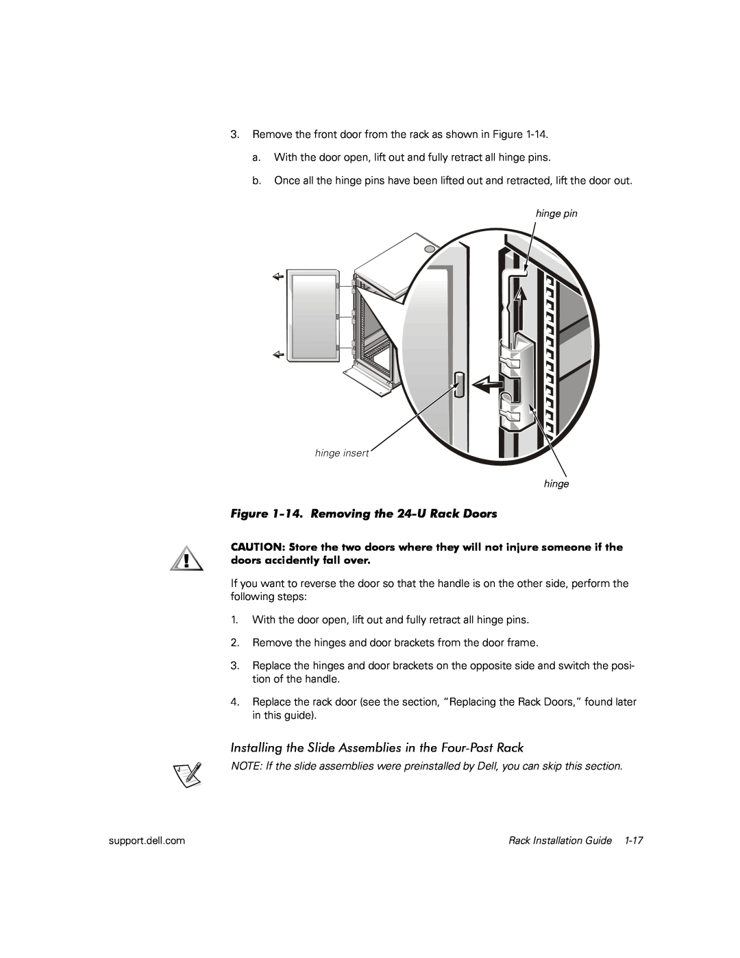 Dell 100, 110, 350 manual 14.Removing the 24-URack Doors, hinge pin hinge insert hinge, Rack Installation Guide 