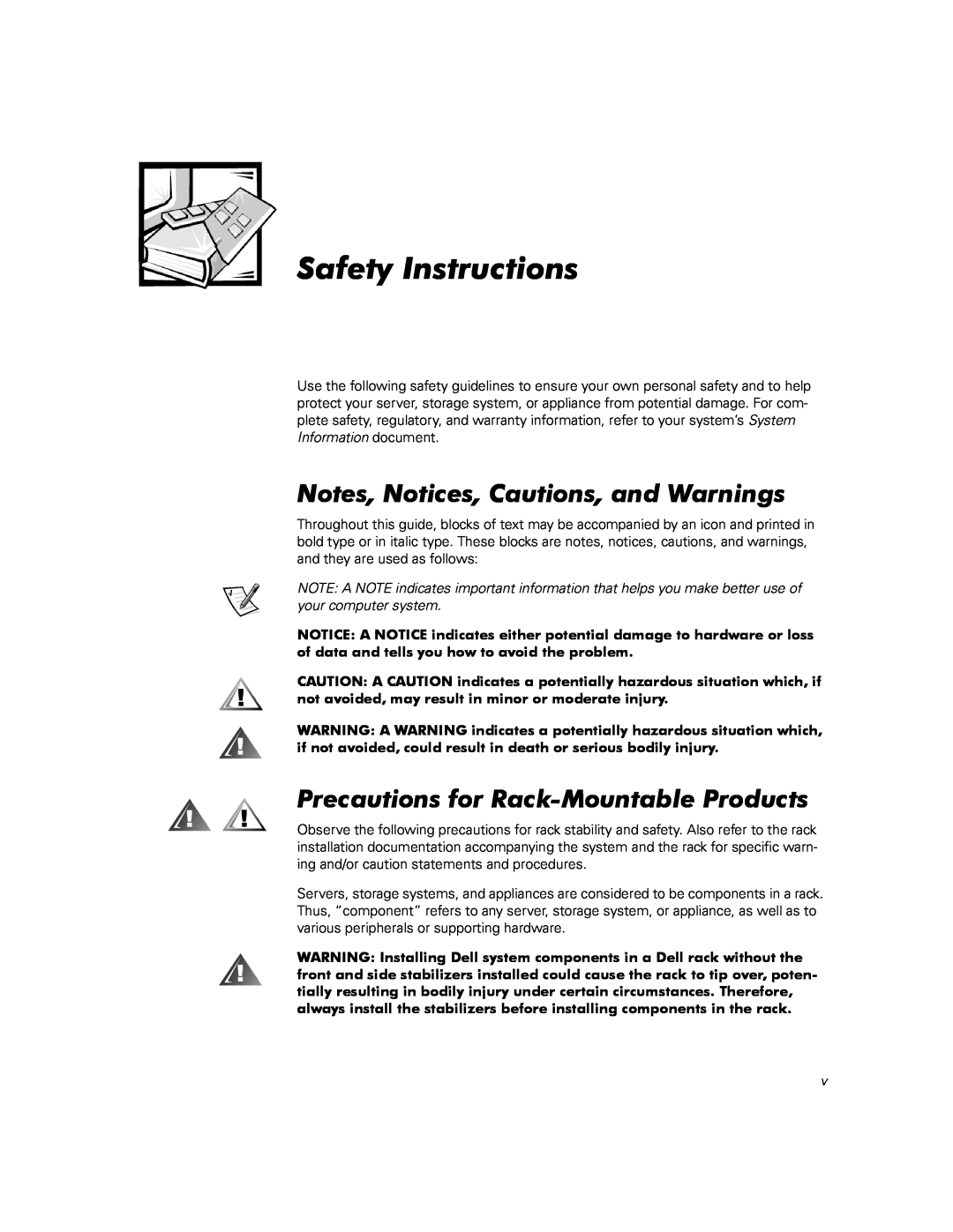 Dell 110, 350, 100 manual Safety Instructions, Notes, Notices, Cautions, and Warnings, Precautions for Rack-MountableProducts 