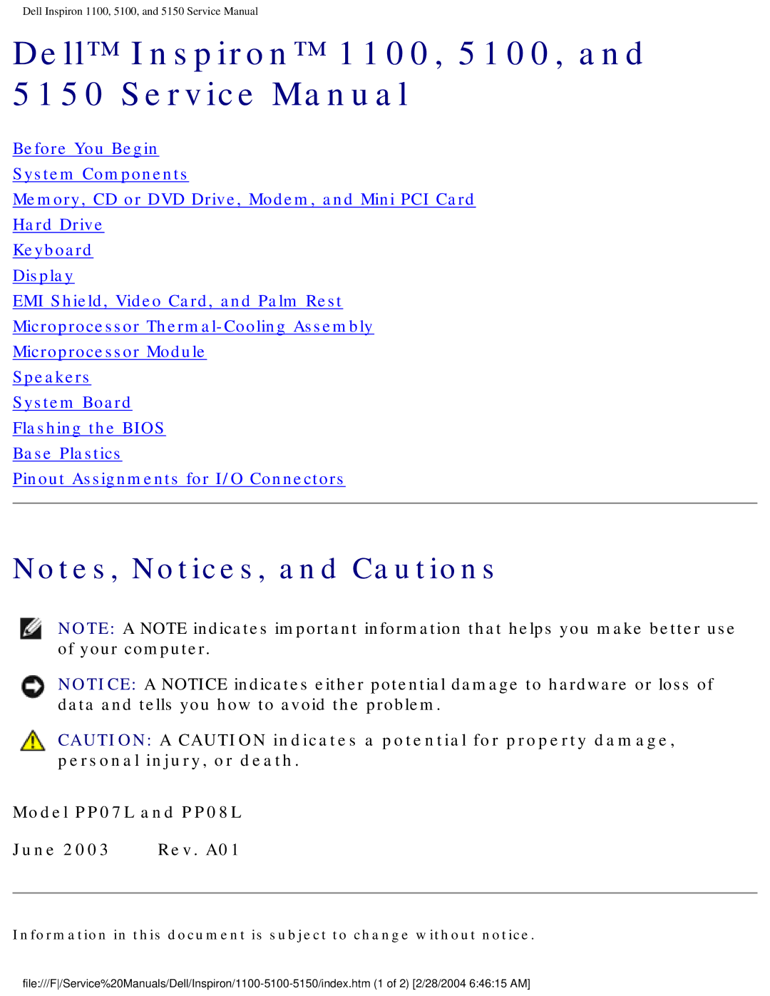 Dell 5150, PP08L, PP07L owner manual Dell Inspiron 5100 