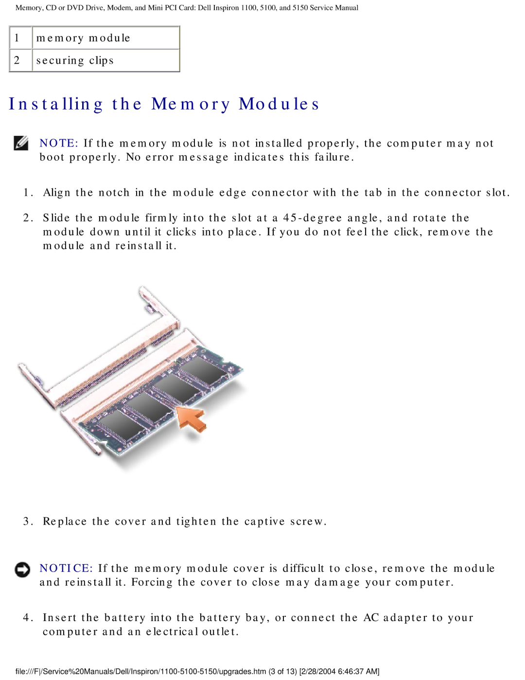 Dell 5100, 1100, 5150 service manual Installing the Memory Modules 