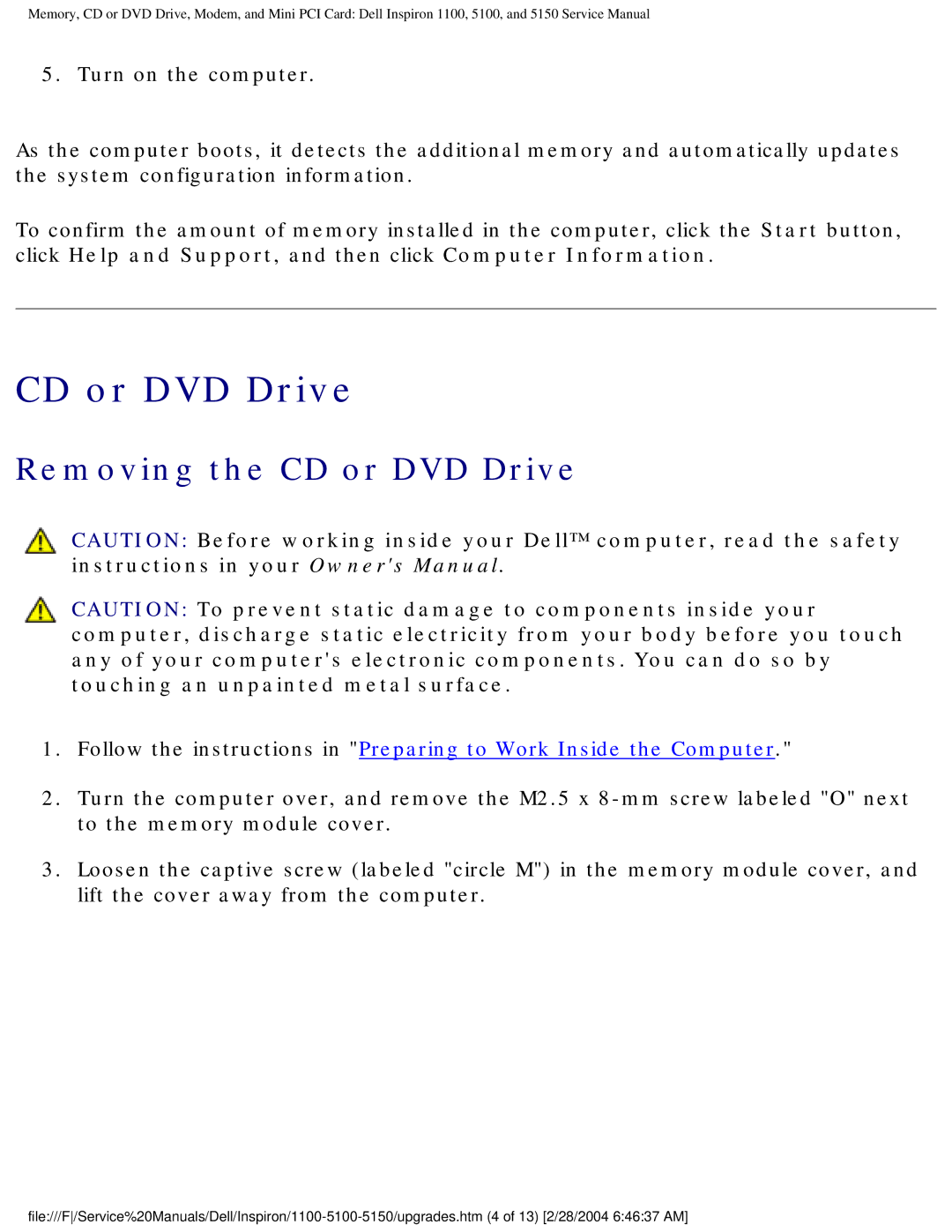 Dell 1100, 5150, 5100 service manual Removing the CD or DVD Drive 