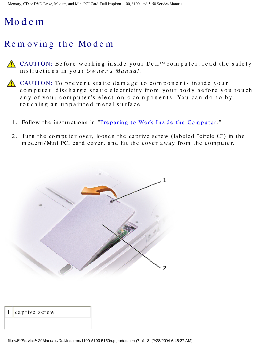 Dell 1100, 5150, 5100 service manual Removing the Modem 