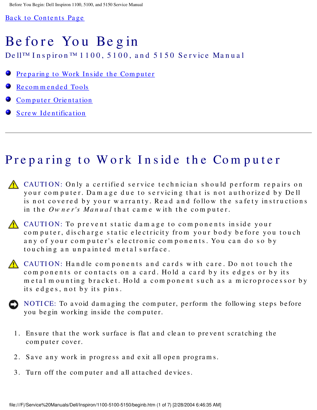 Dell 5100, 1100, 5150 service manual Before You Begin, Preparing to Work Inside the Computer 