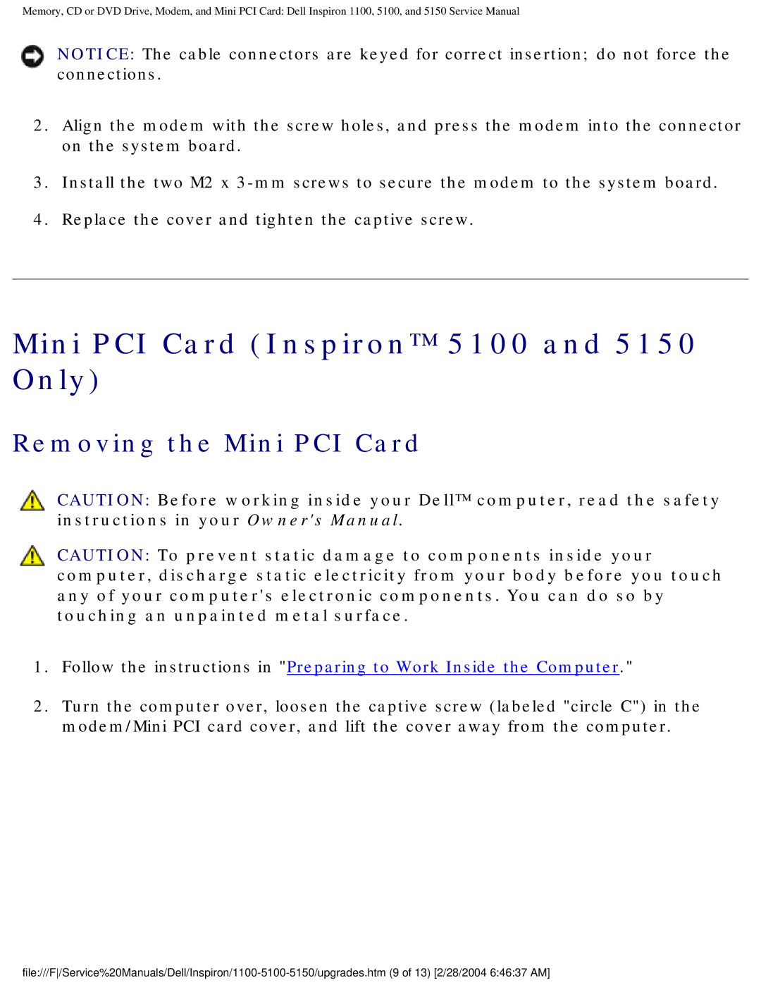 Dell 1100 service manual Mini PCI Card Inspiron 5100 and 5150 Only, Removing the Mini PCI Card 