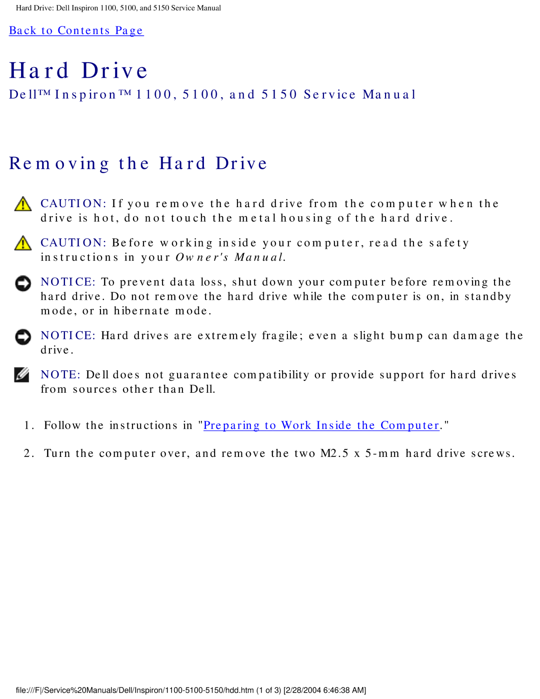 Dell 5150, 1100, 5100 service manual Removing the Hard Drive 