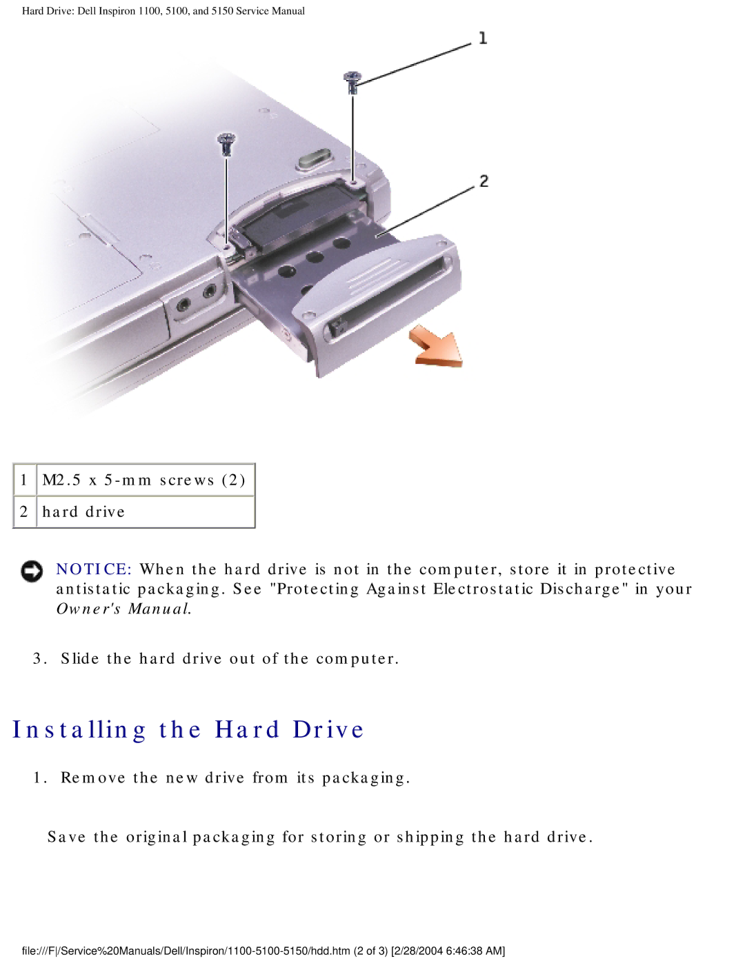 Dell 5100, 1100, 5150 service manual Installing the Hard Drive 