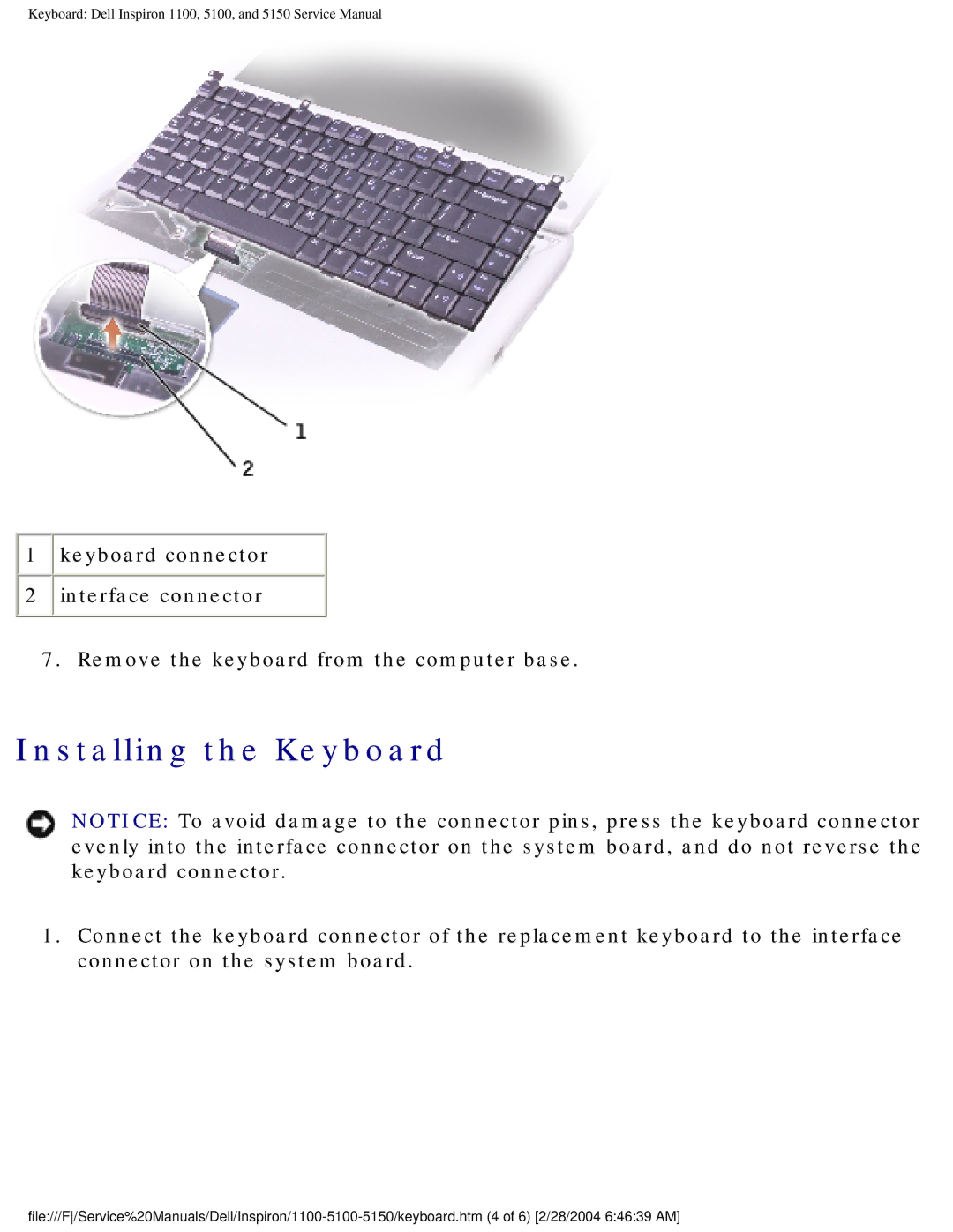 Dell 5150, 1100, 5100 service manual Installing the Keyboard 