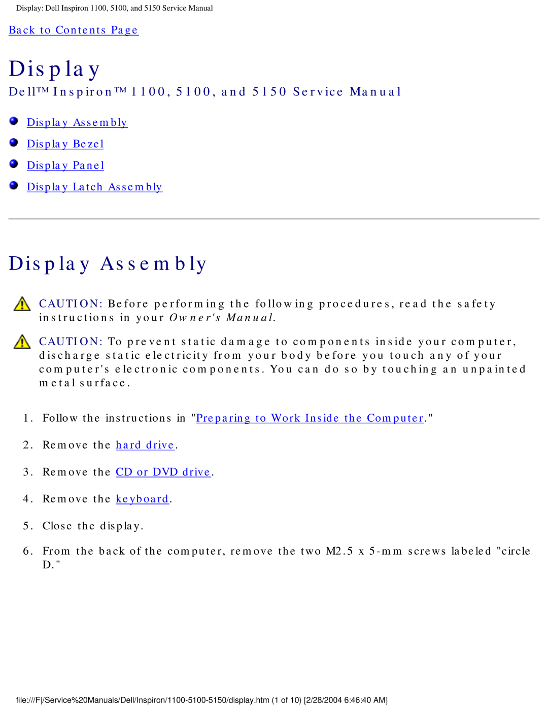 Dell 5150, 1100, 5100 service manual Display 