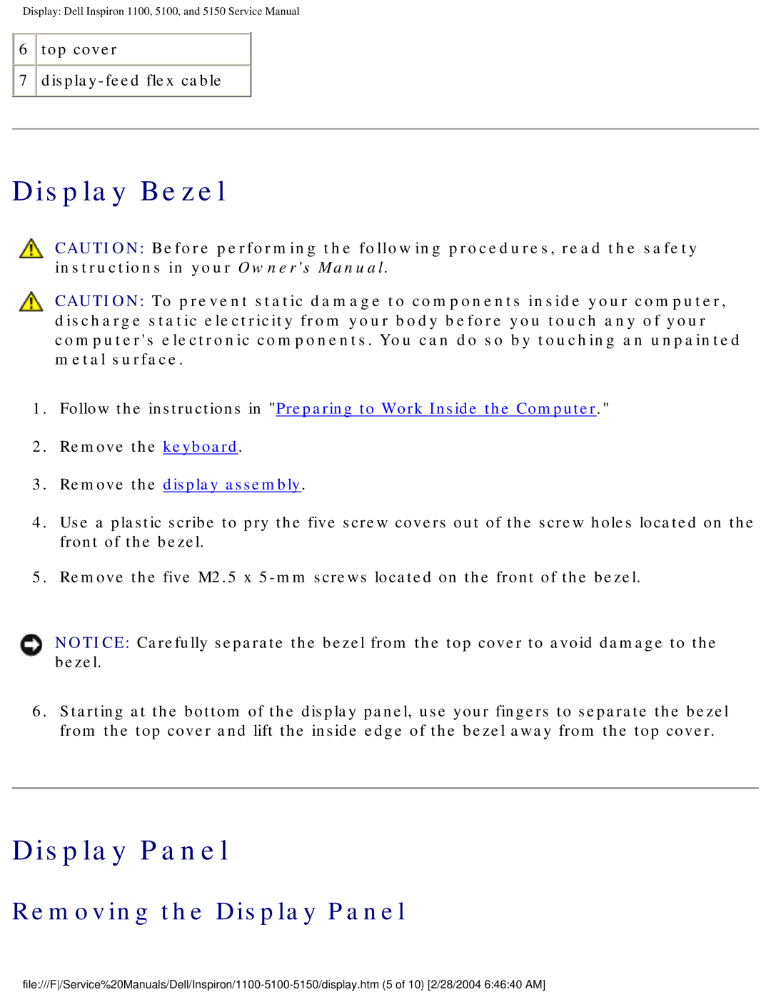 Dell 5100, 1100, 5150 service manual Display Bezel 