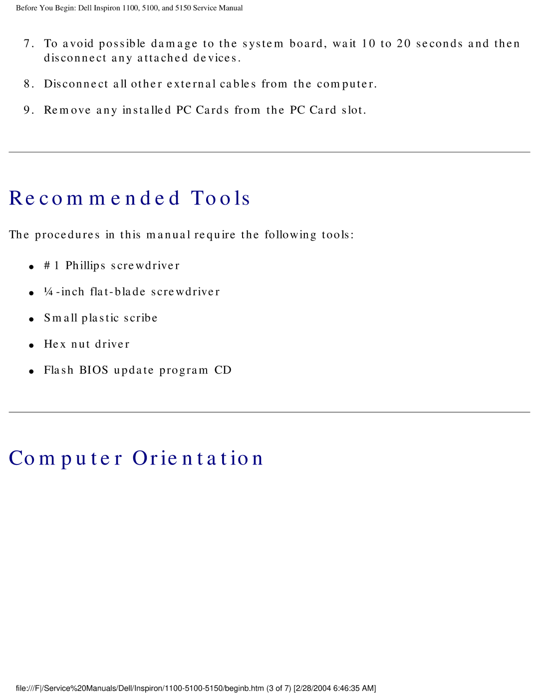 Dell 5150, 1100, 5100 service manual Recommended Tools, Computer Orientation 